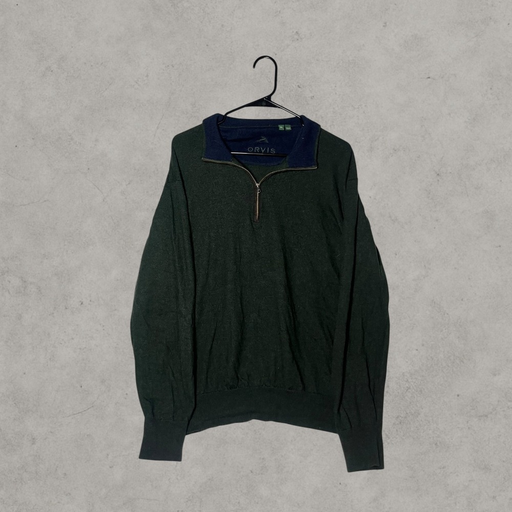 Orvis Mens XL Quarter Zip Pullover Sweater Forest Green Navy Blue Mock Neck